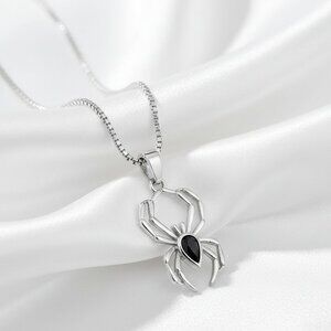 Silver Spider Pendant with Simulated Black Zircon Stone Fashion Necklace NWOT